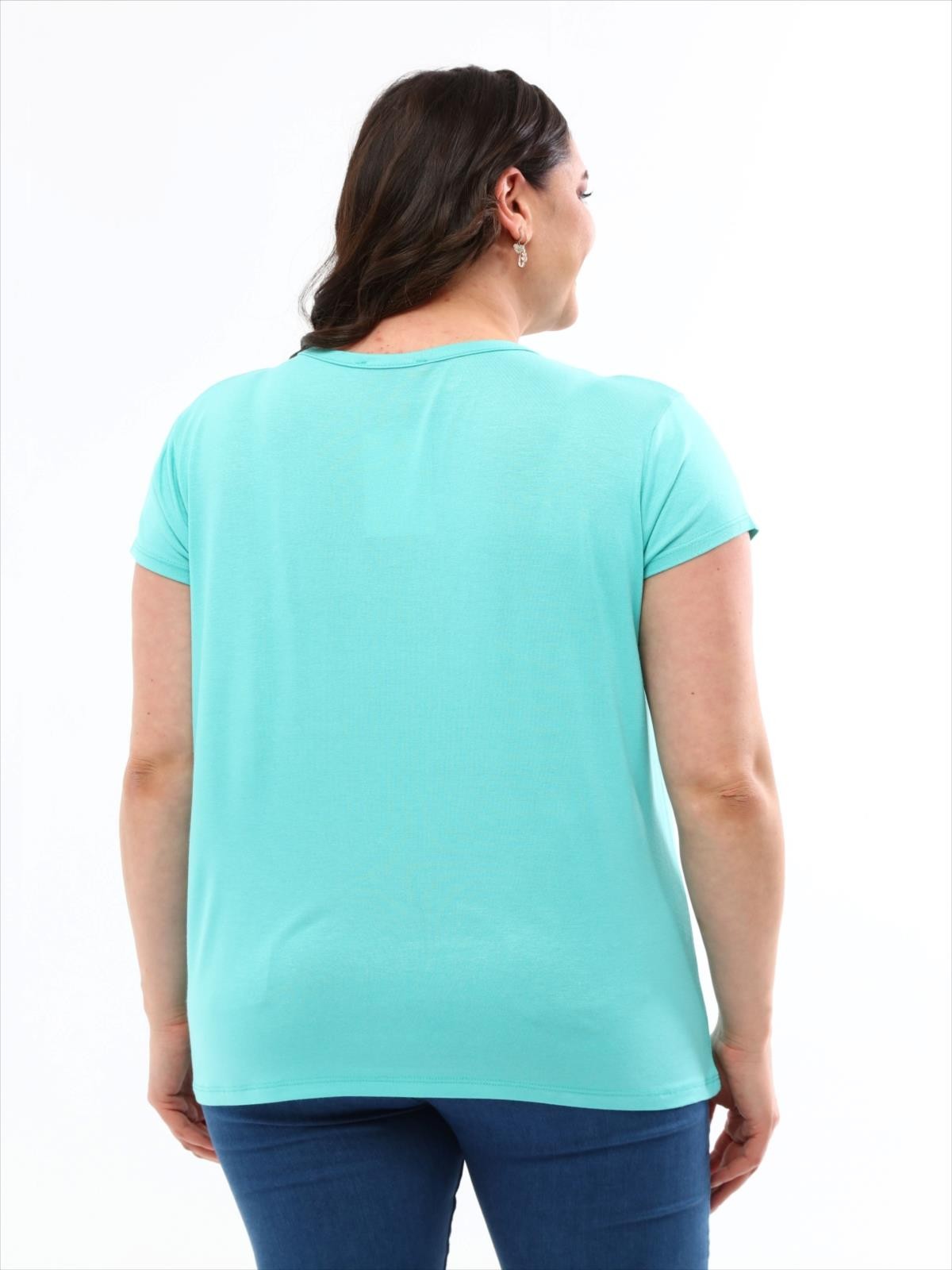 Kadın Büyük Beden V Yaka Basic Kısa Kollu T-Shirt - Mint
