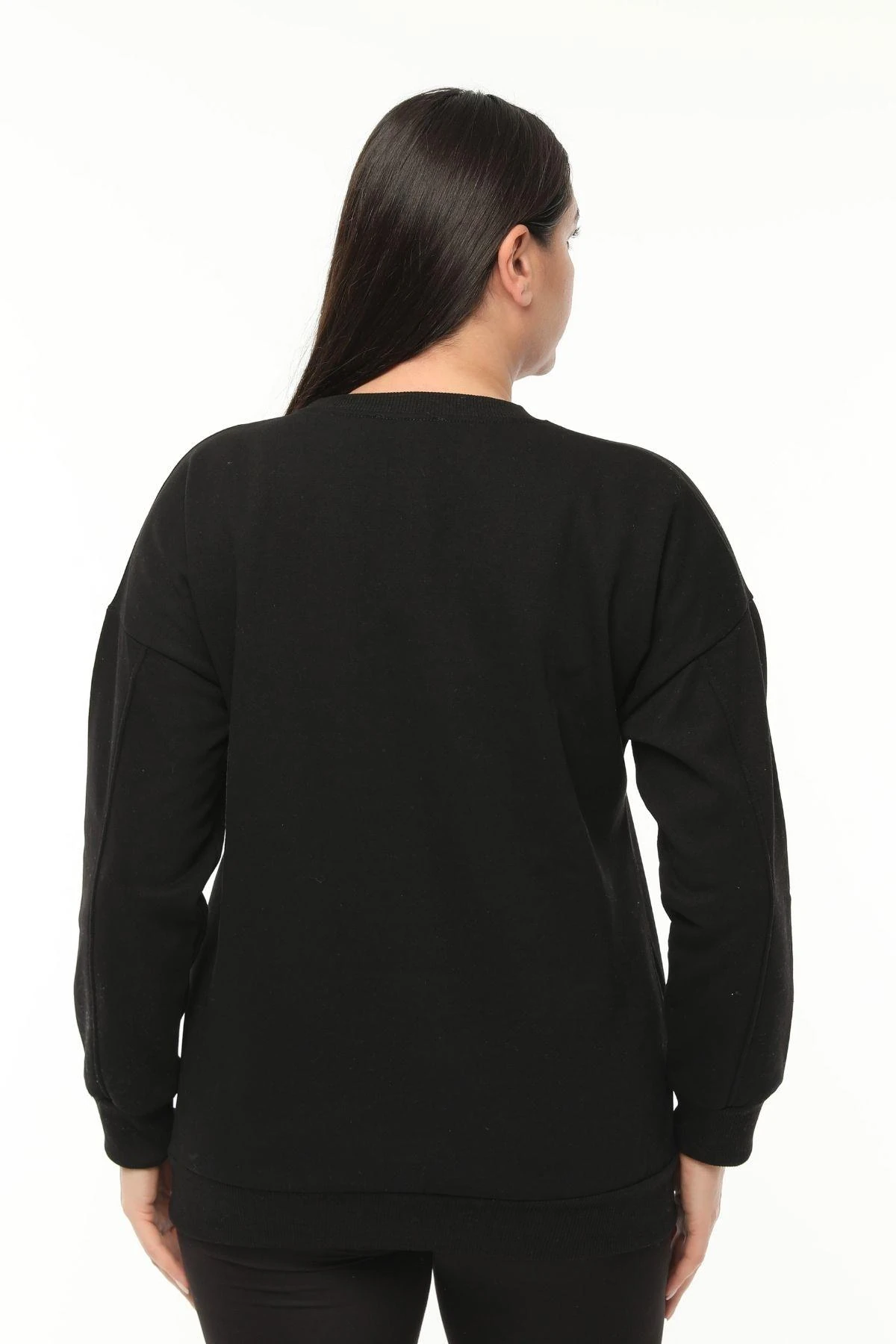 Kadın Büyük Beden Basıc Şardonlu Sweatshirt - Siyah