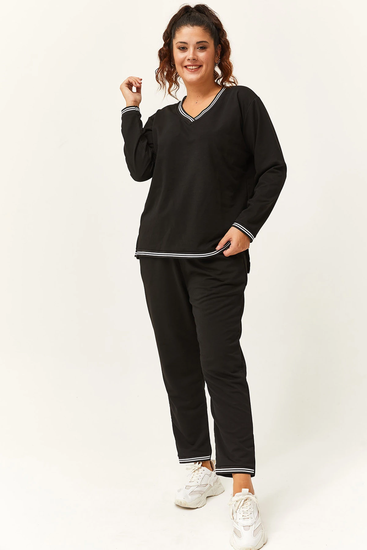 Kadın Büyük Beden Çizgili Eşofman Takımı - Siyah