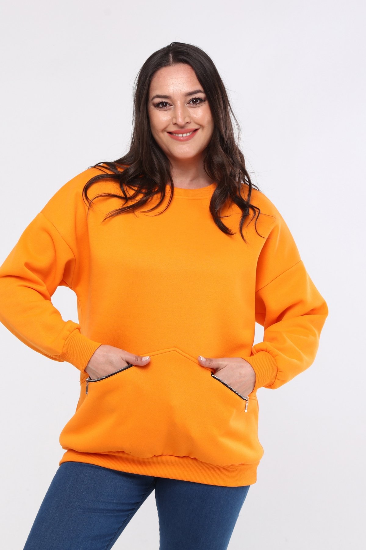 Kadın Büyük Beden Fermuarlı Cep Detaylı Basic Sweatshirt - Turuncu