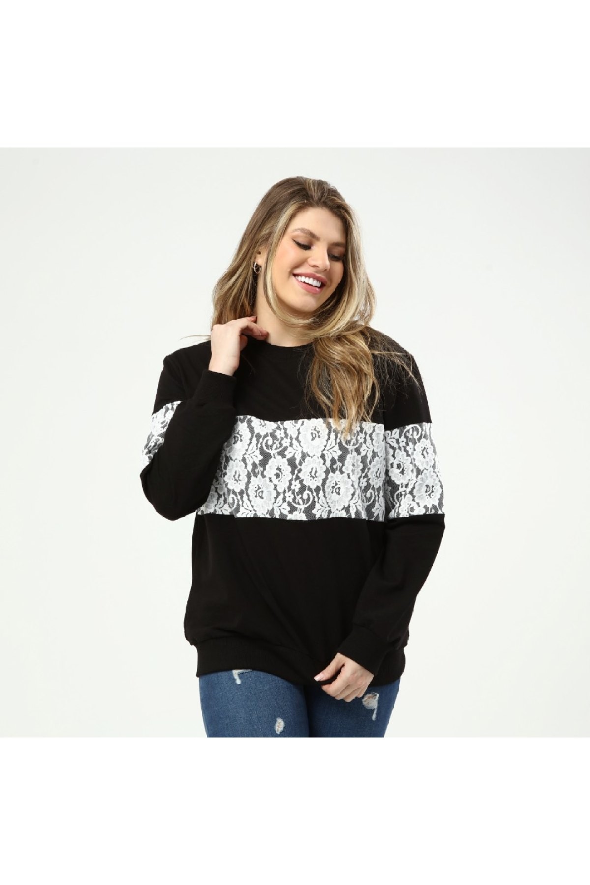 Kadın Büyük Beden Dantel Garnili Sweatshirt
