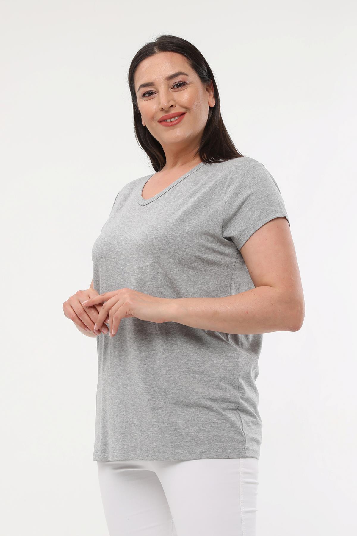 Kadın Büyük Beden V Yaka Basic Kısa Kollu T-Shirt - Gri