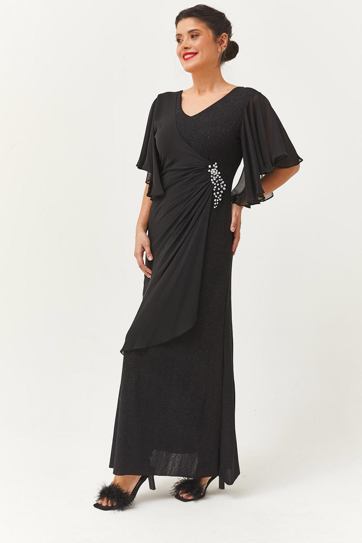 Kadın Büyük Beden Şifon Kol Taşlı Asimetrik Detaylı Uzun Abiye & Gece Elbisesi - Siyah