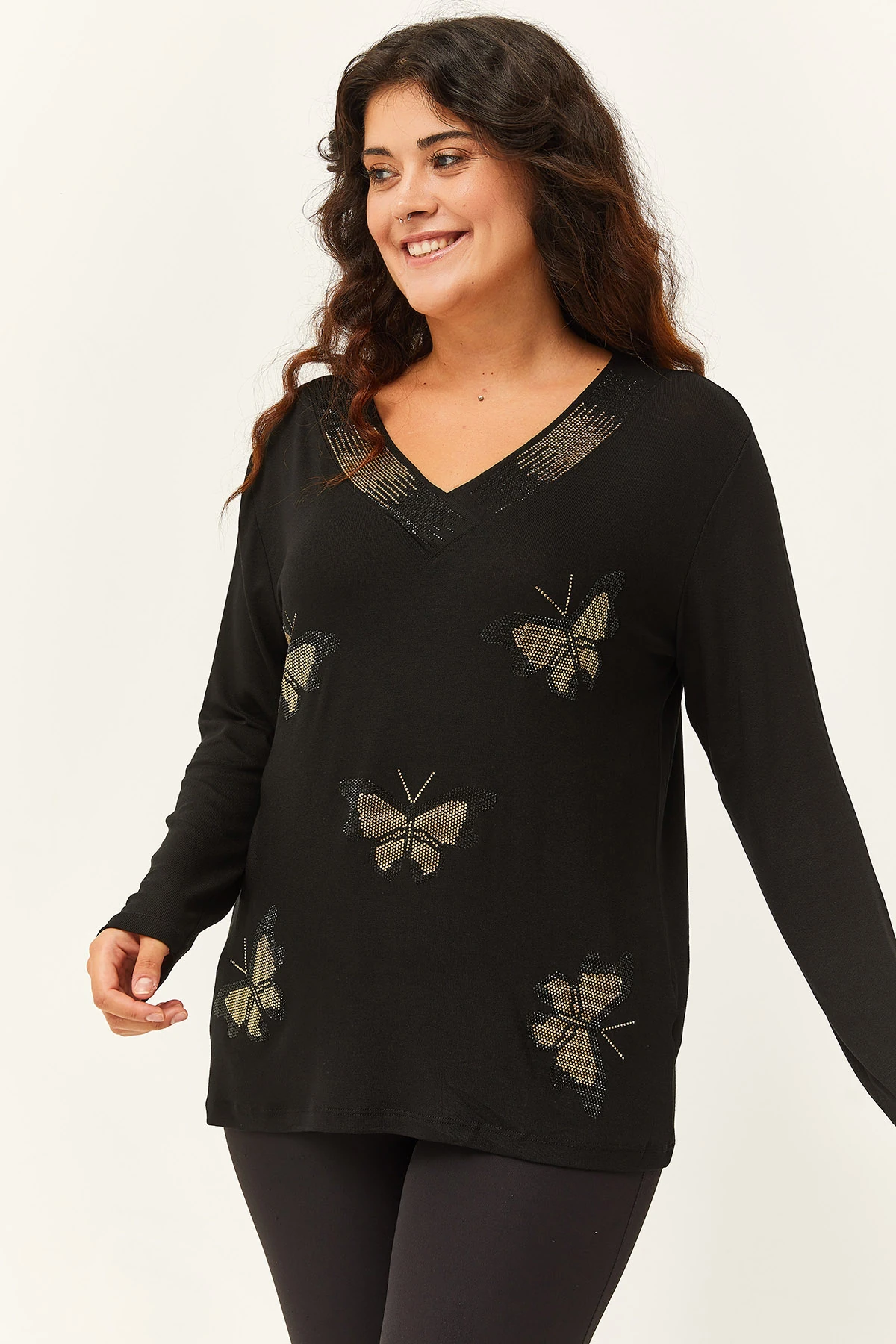 Kadın Büyük Beden Kelebek Gold Taş Baskılı Bluz - Siyah