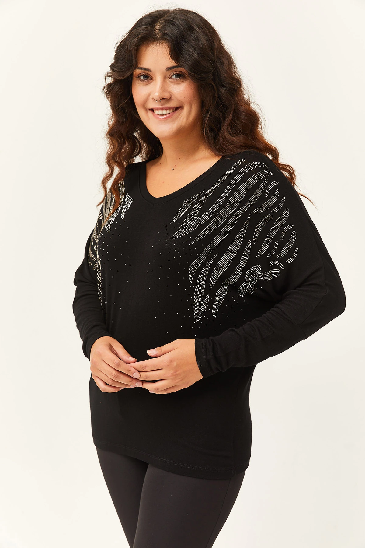 Kadın Büyük Beden Yarasa Kol Taş Desenli Bluz - Siyah