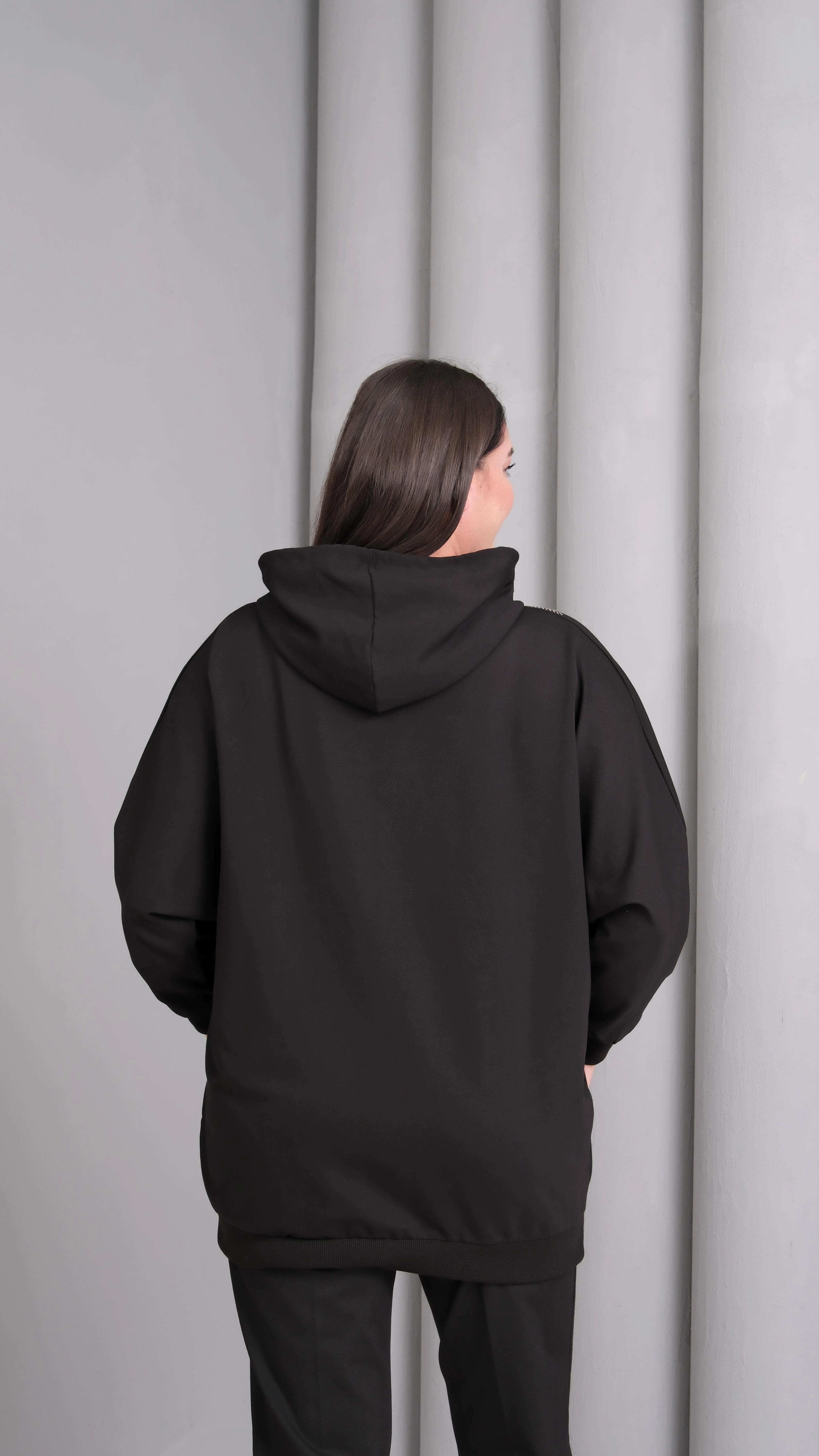 Kadın Büyük Beden Çizgili Taş Baskılı Fermuarlı Sweatshirt - Siyah