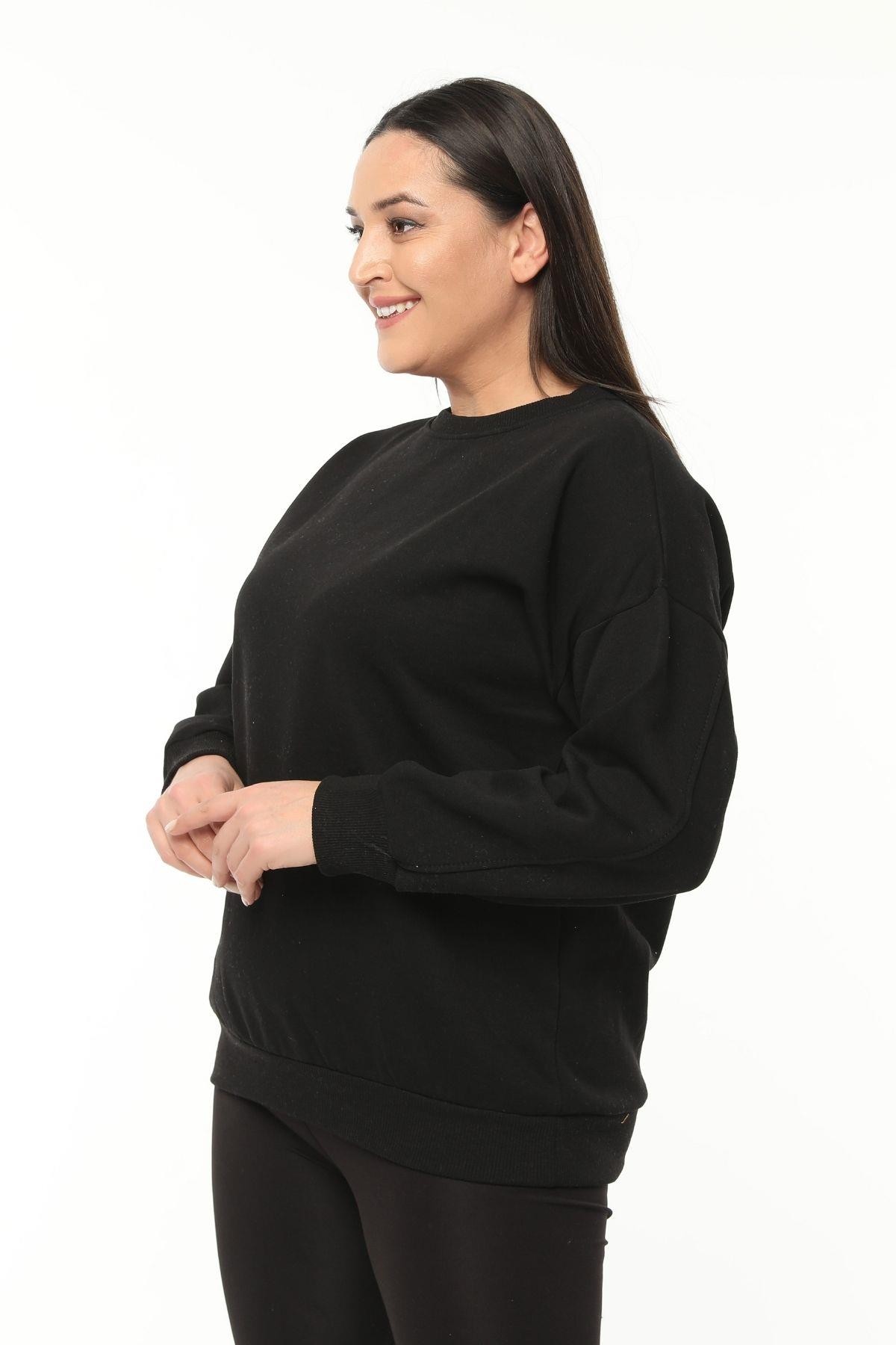 Kadın Büyük Beden Basıc Şardonlu Sweatshirt - Siyah
