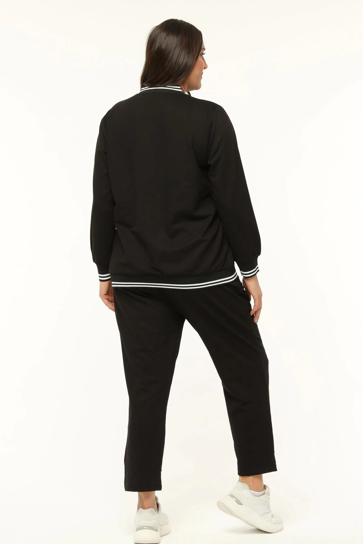 Kadın Büyük Beden Çift Çizgili Ve Çift Cep Kapaklı Eşofman Takımı - Siyah