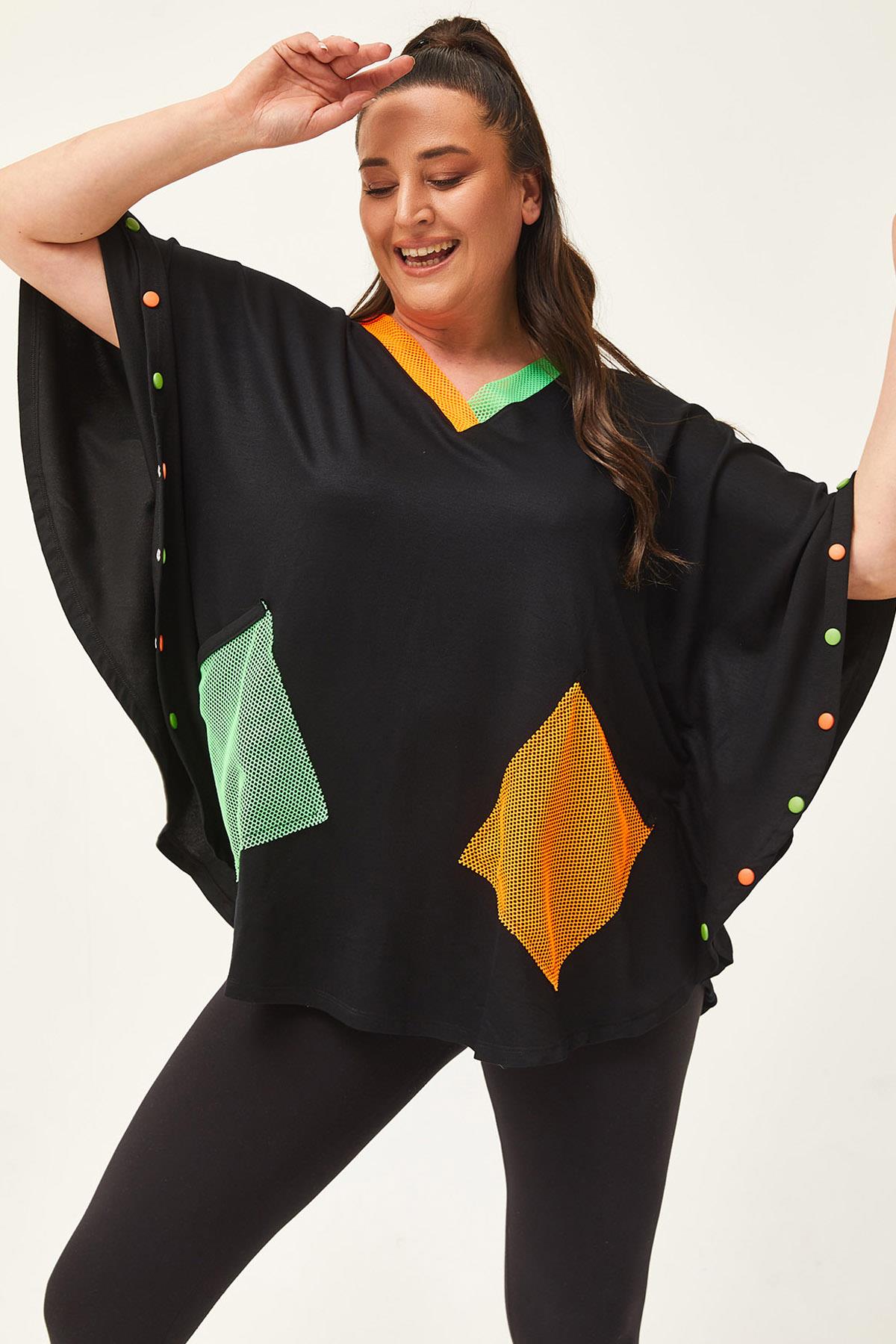 Kadın Büyük Beden Ekstra Rahat Kalıp Renkli File Cep Detay Bluz