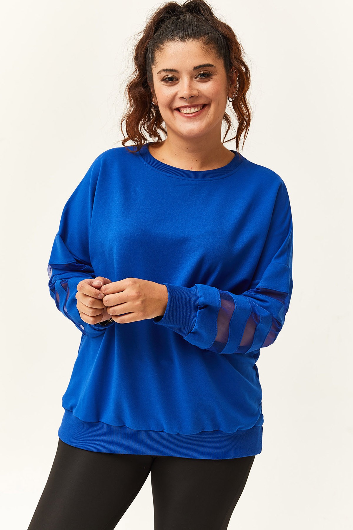 Kadın Büyük Beden Kolları Transparan Detay Sweatshirt