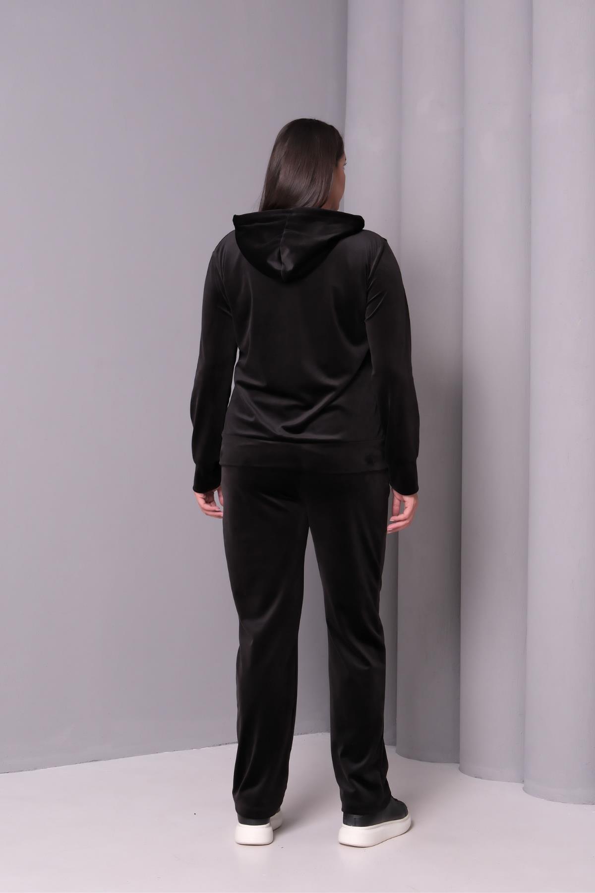 Kadın Büyük Beden Taşlı Kadife Siyah Eşofman Takımı