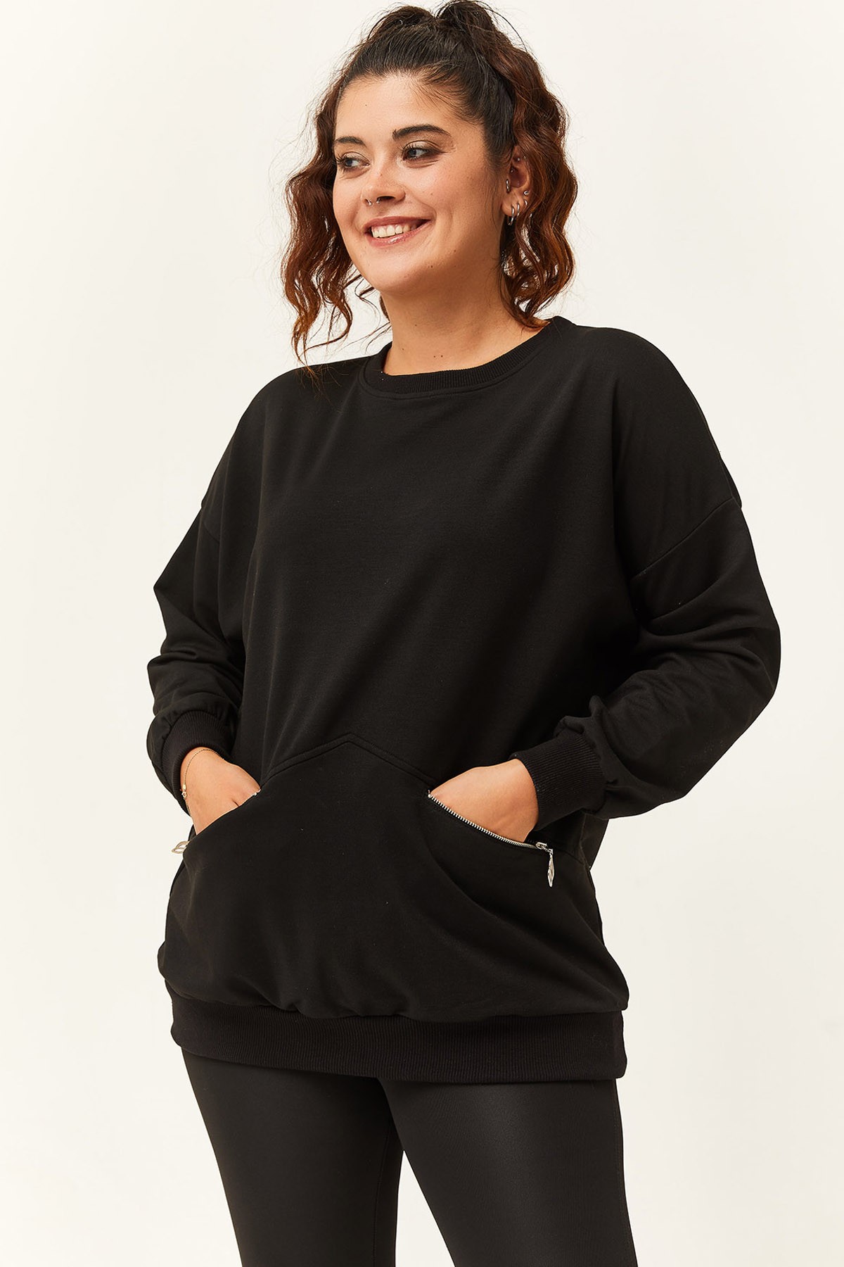 Kadın Büyük Beden Fermuarlı Cep Detaylı Basic Sweatshirt