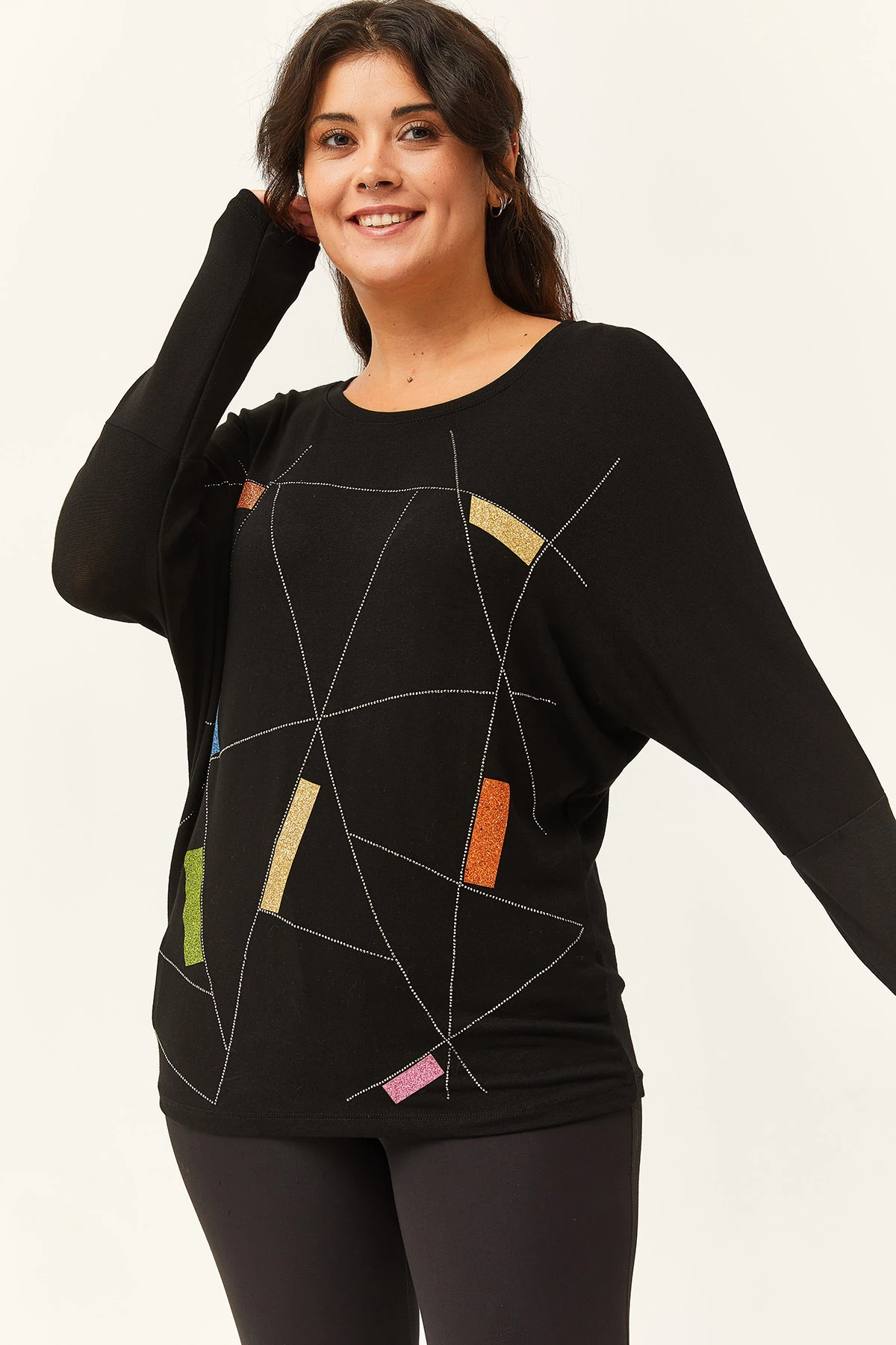 Kadın Büyük Beden Renkli Taş Baskılı Siyah Bluz - Siyah