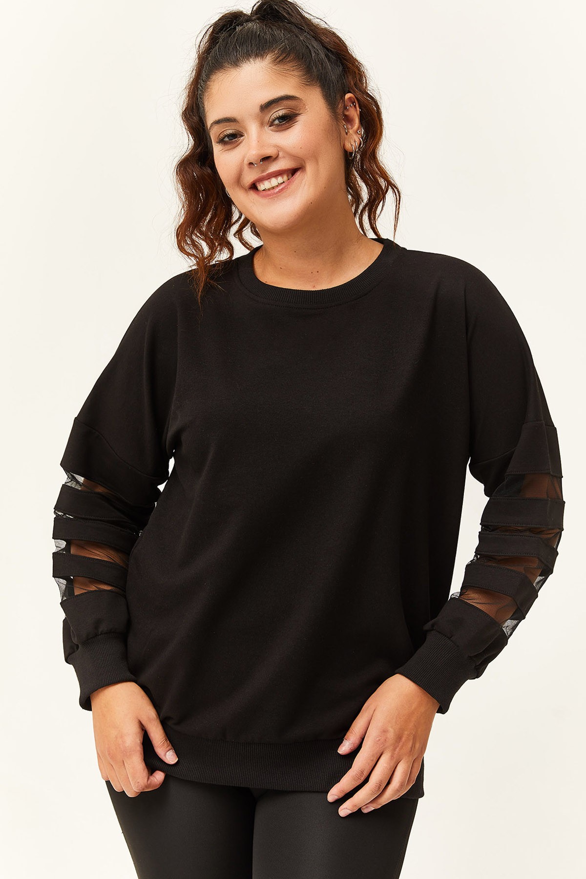 Kadın Büyük Beden Kolları Transparan Detay Sweatshirt