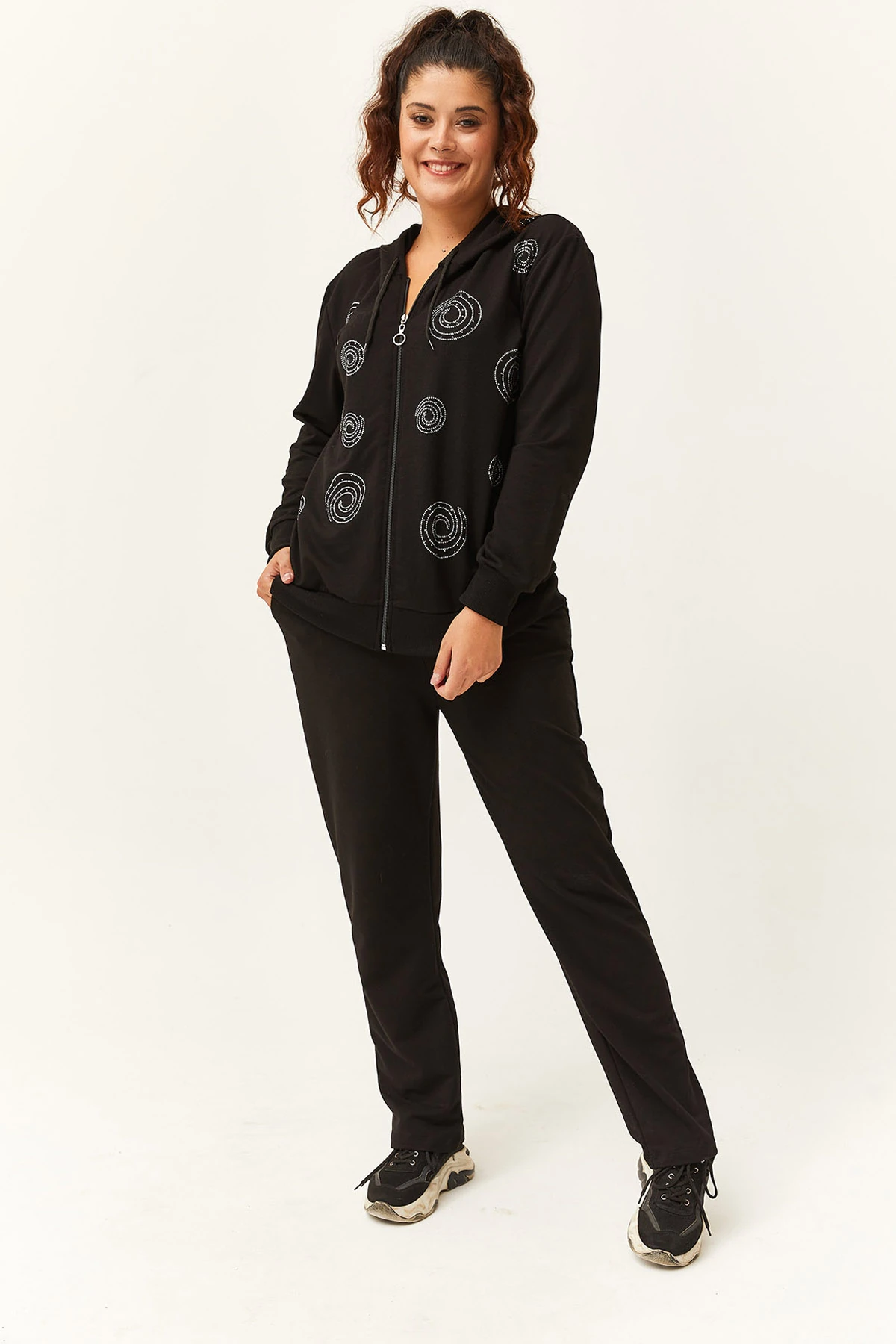 Kadın Büyük Beden Helezon Taş Detaylı Kapüşonlu Eşofman Takımı