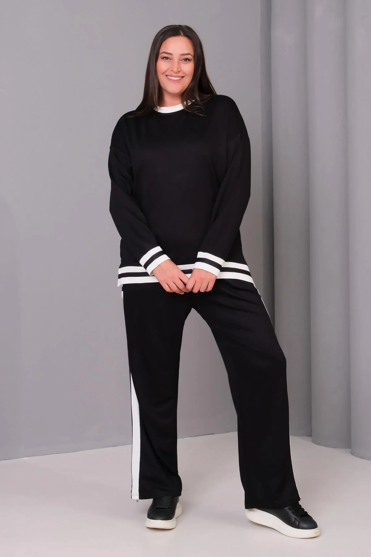 Kadın Büyük Beden Premium Çigili Siyah Eşofman Takımı - Siyah