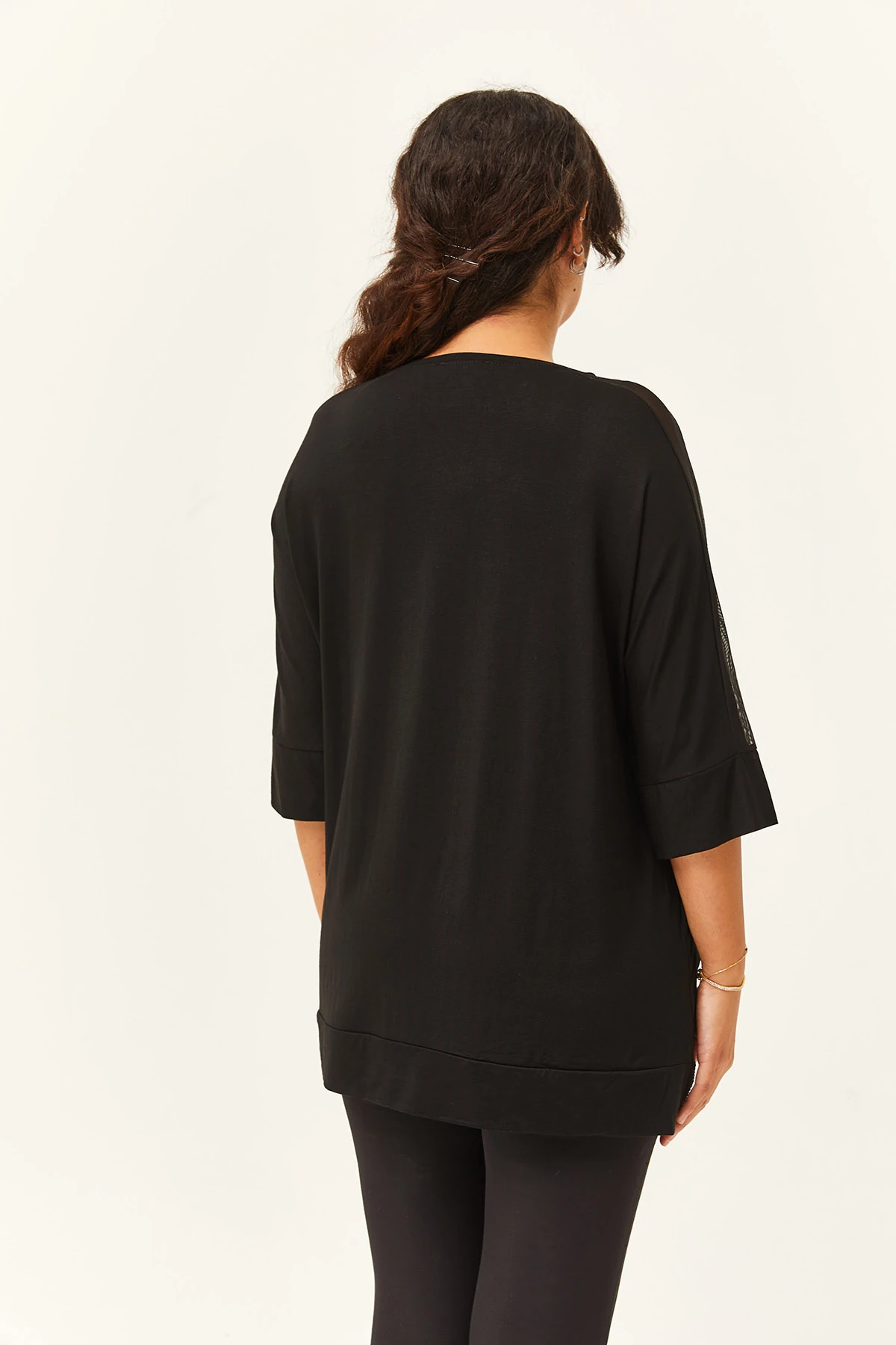 Kadın Büyük Beden Transparan Kol Taş Basklı Siyah Bluz - Siyah