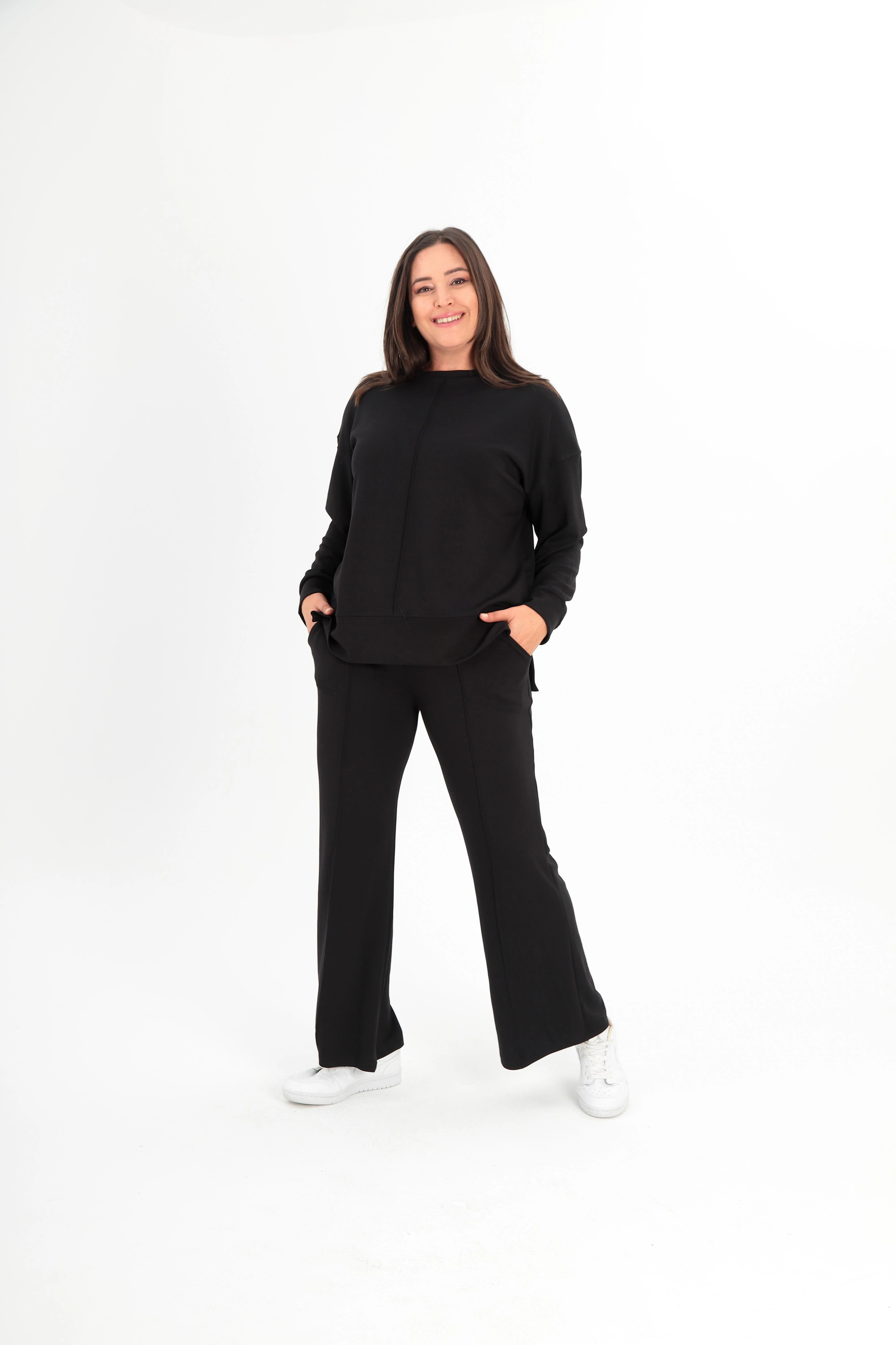 Kadın Büyük Beden Premium Sho Kumaş İspanyol Paça Şık Eşofman Takımı - Siyah