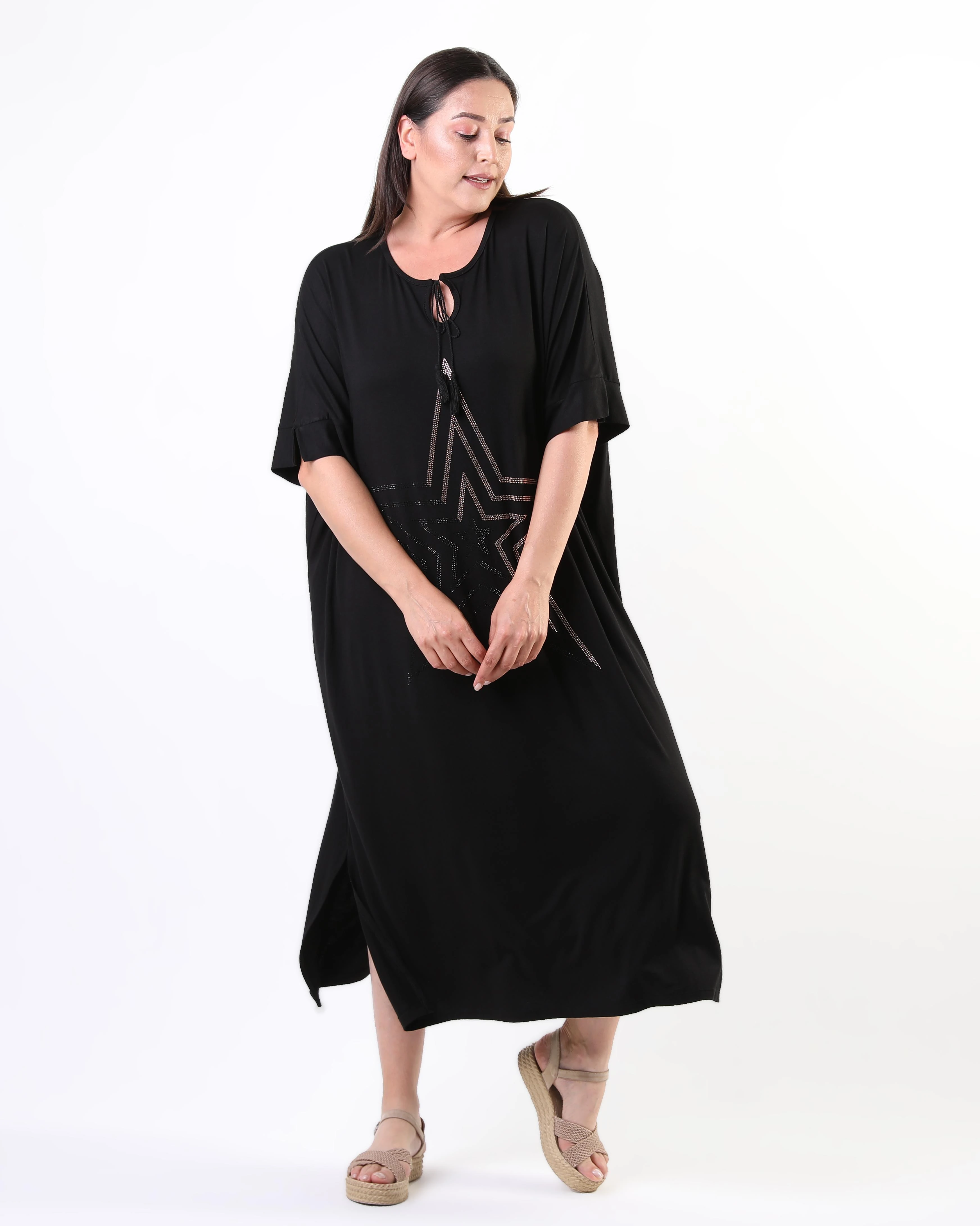 Kadın Büyük Beden Ekstra Rahat Kalıp Yıldız Baskılı Elbise