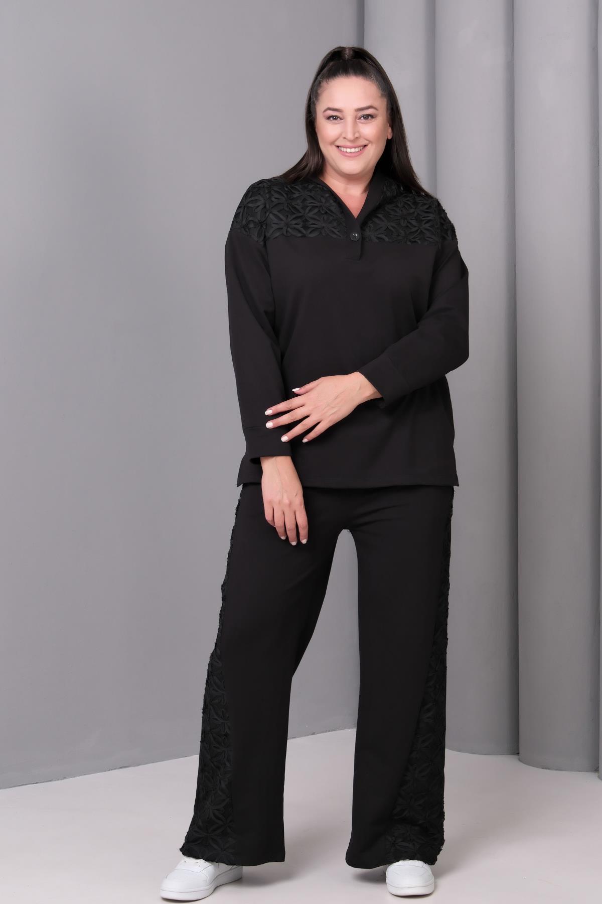 Kadın Büyük Beden Dantel Detaylı Kapüşonlu Siyah Eşofman Takımı - Siyah