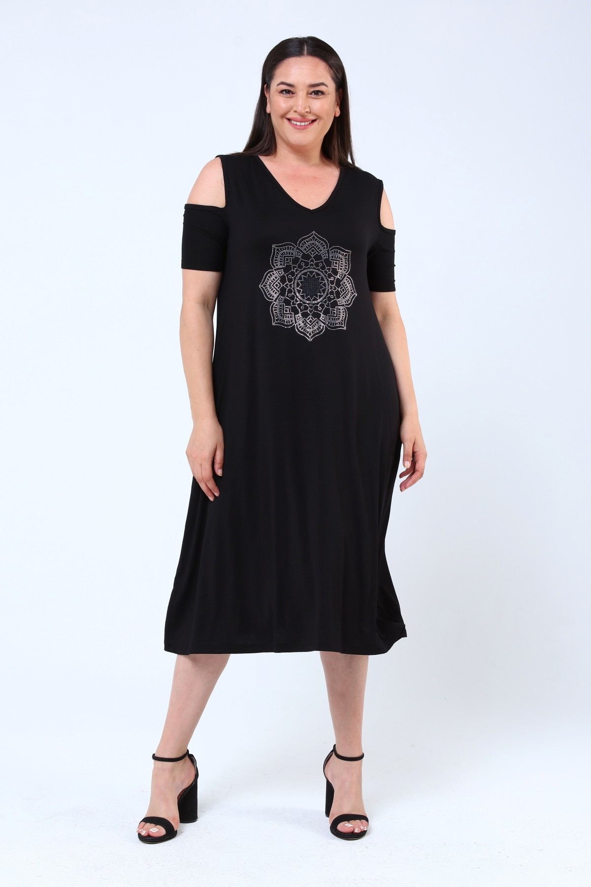 Kadın Büyük Beden Taş Çiçek Desenli Omuz Dekolteli Elbise - Siyah