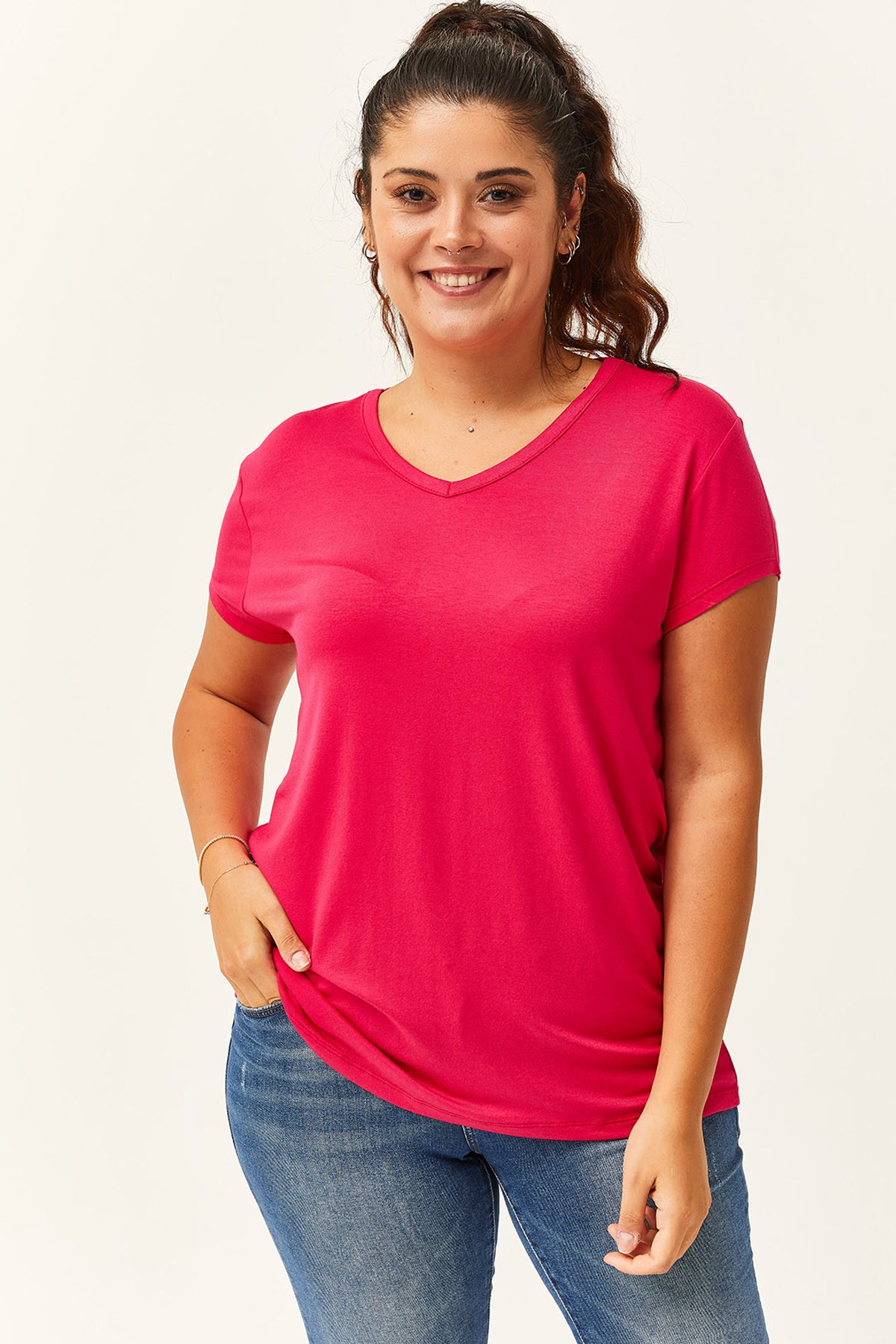 Kadın Büyük Beden V Yaka Basic Kısa Kollu T-Shirt - Pembe