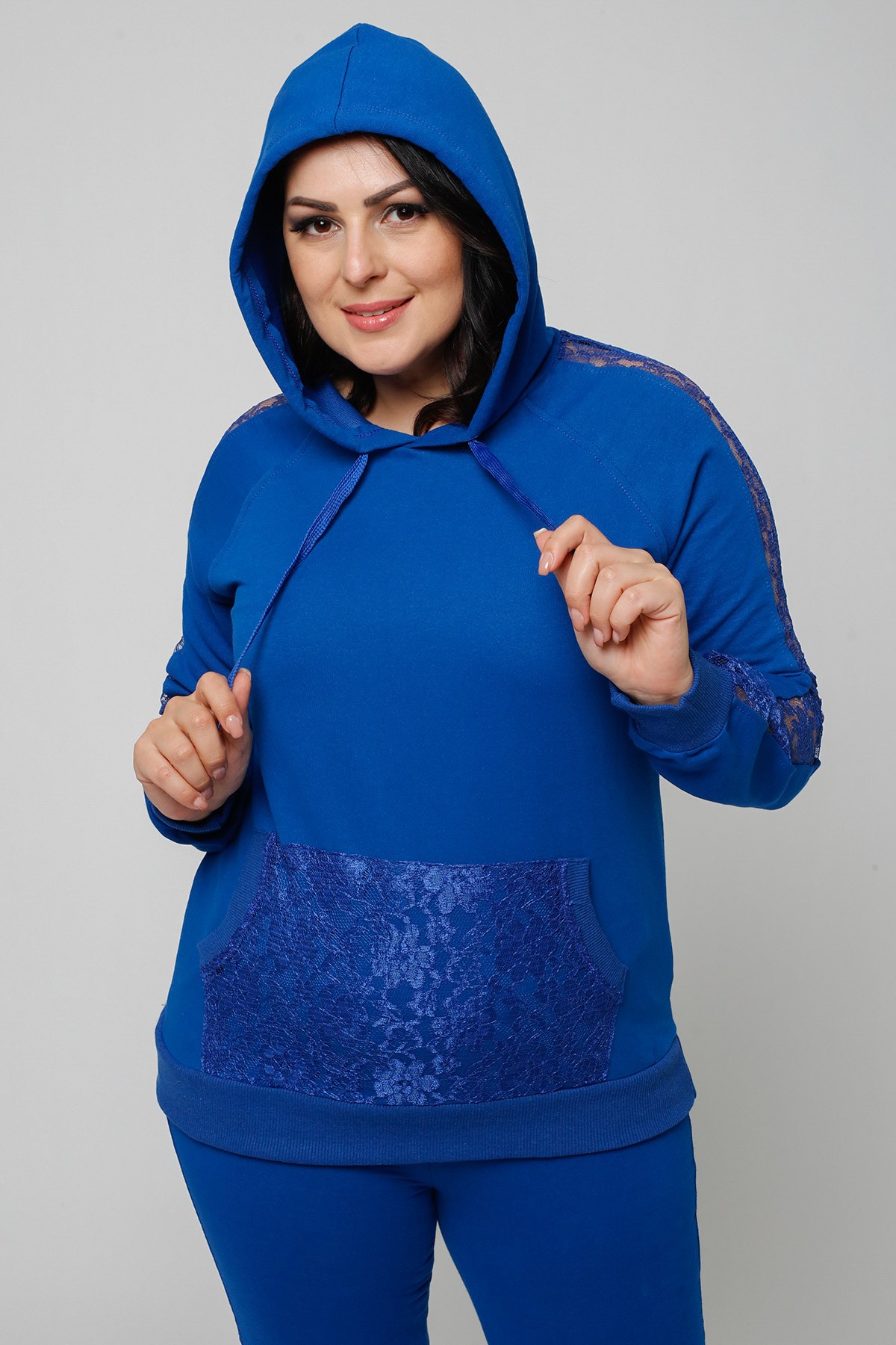Kadın Büyük Beden Kol Ve Cep Güpür Detay Kapüşonlu Sweatshirt - Mavi