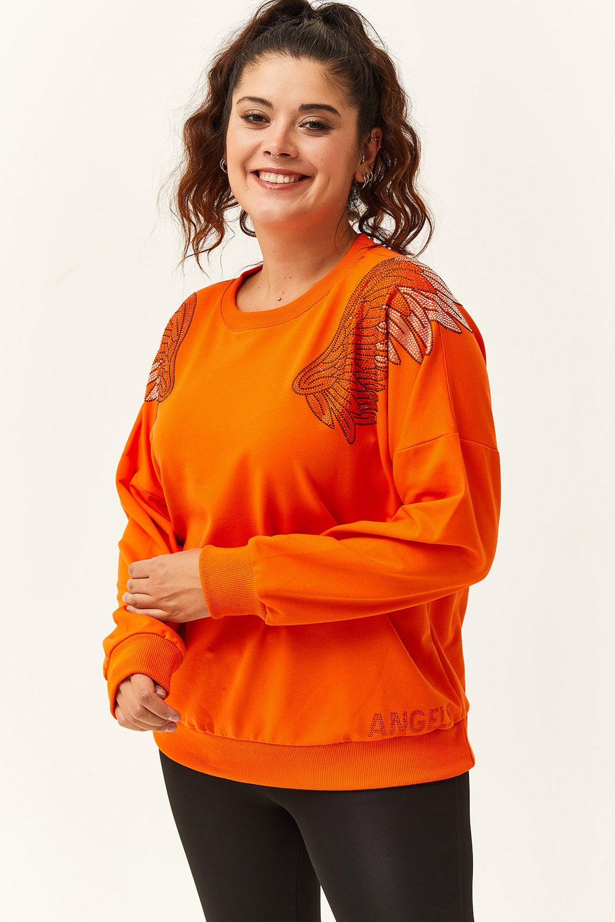 Kadın Büyük Beden Angels Taş Baskılı Sweatshirt