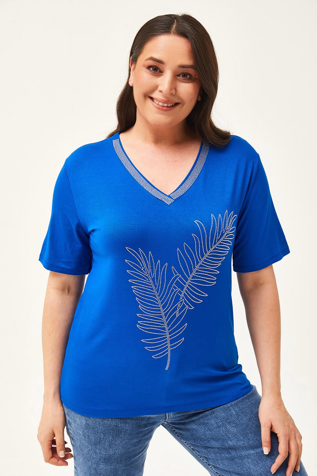 Kadın Büyük Beden Yaprak Desenli Taş Baskılı Bluz - Mavi