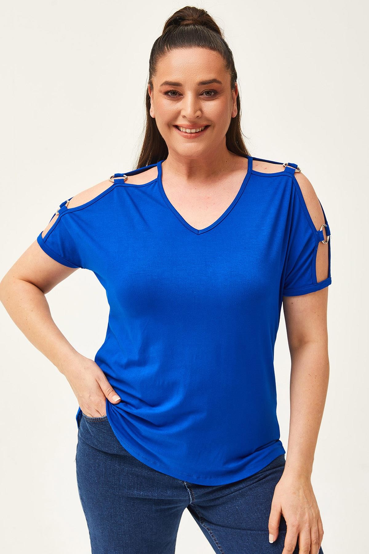 Kadın Büyük Beden Omzu Halka Detay Bluz - Mavi