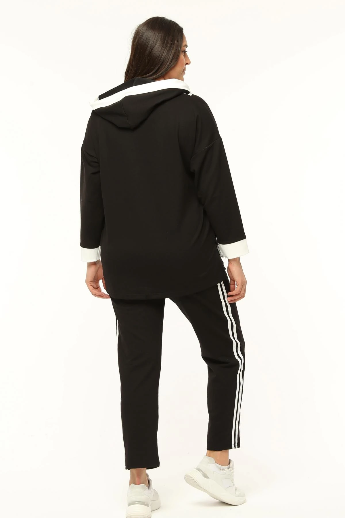 Kadın Büyük Beden Çift Çizgili Ve Garni Detaylı Kapüşonlu Eşofman Takımı - Siyah