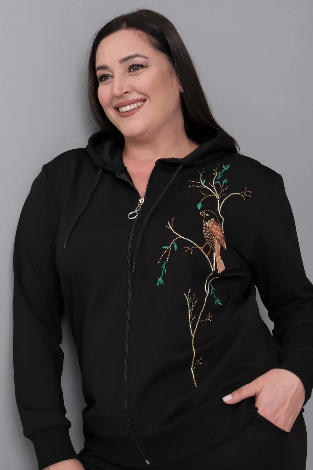 Kadın Büyük Beden Fermuarlı Siyah Eşofman Takımı - Siyah