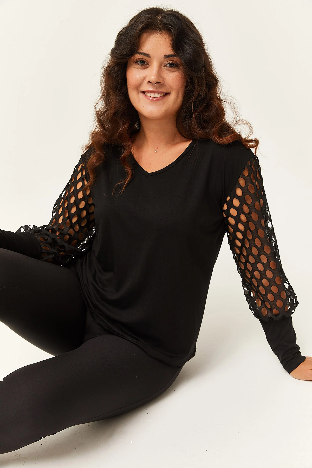 Kadın Büyük Beden Transparan File Kol Detaylı Bluz - Siyah