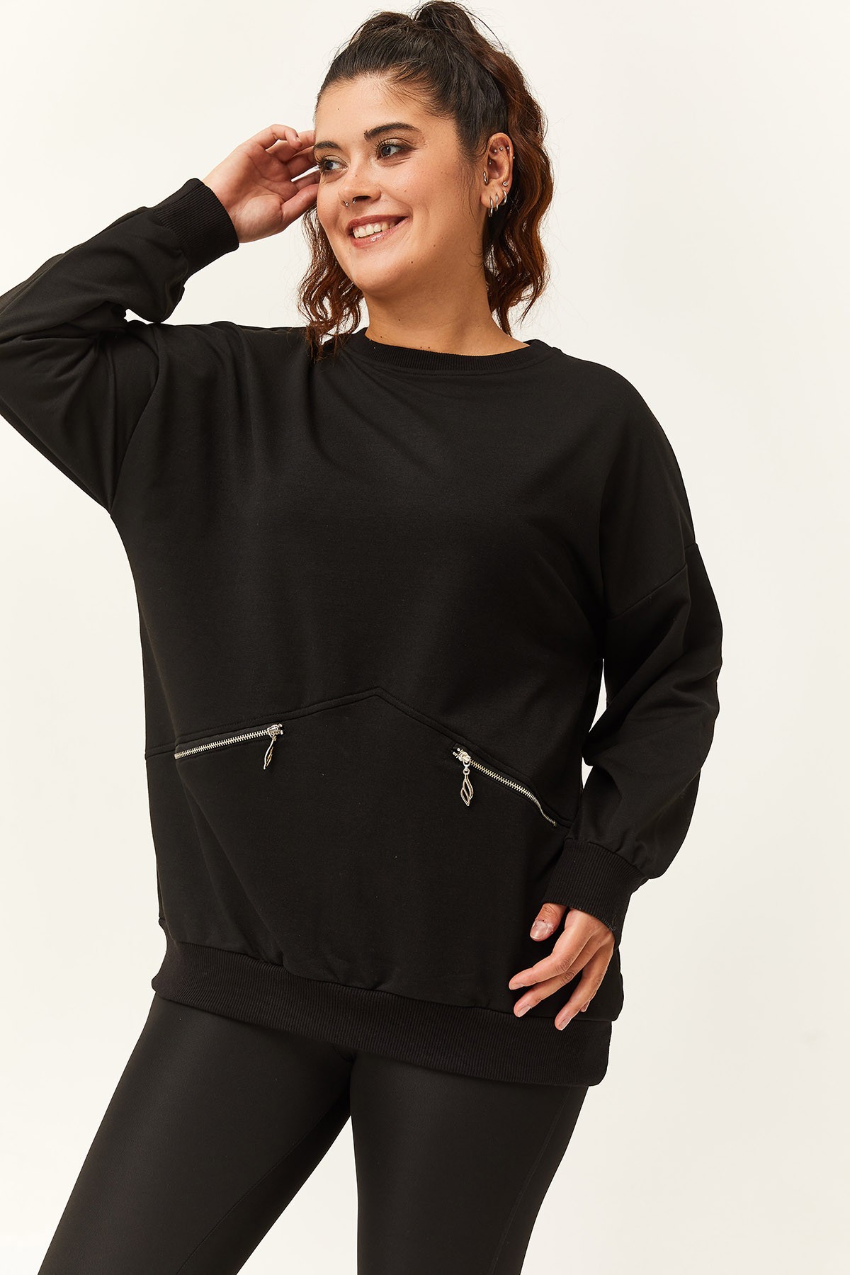 Kadın Büyük Beden Fermuarlı Cep Detaylı Basic Sweatshirt