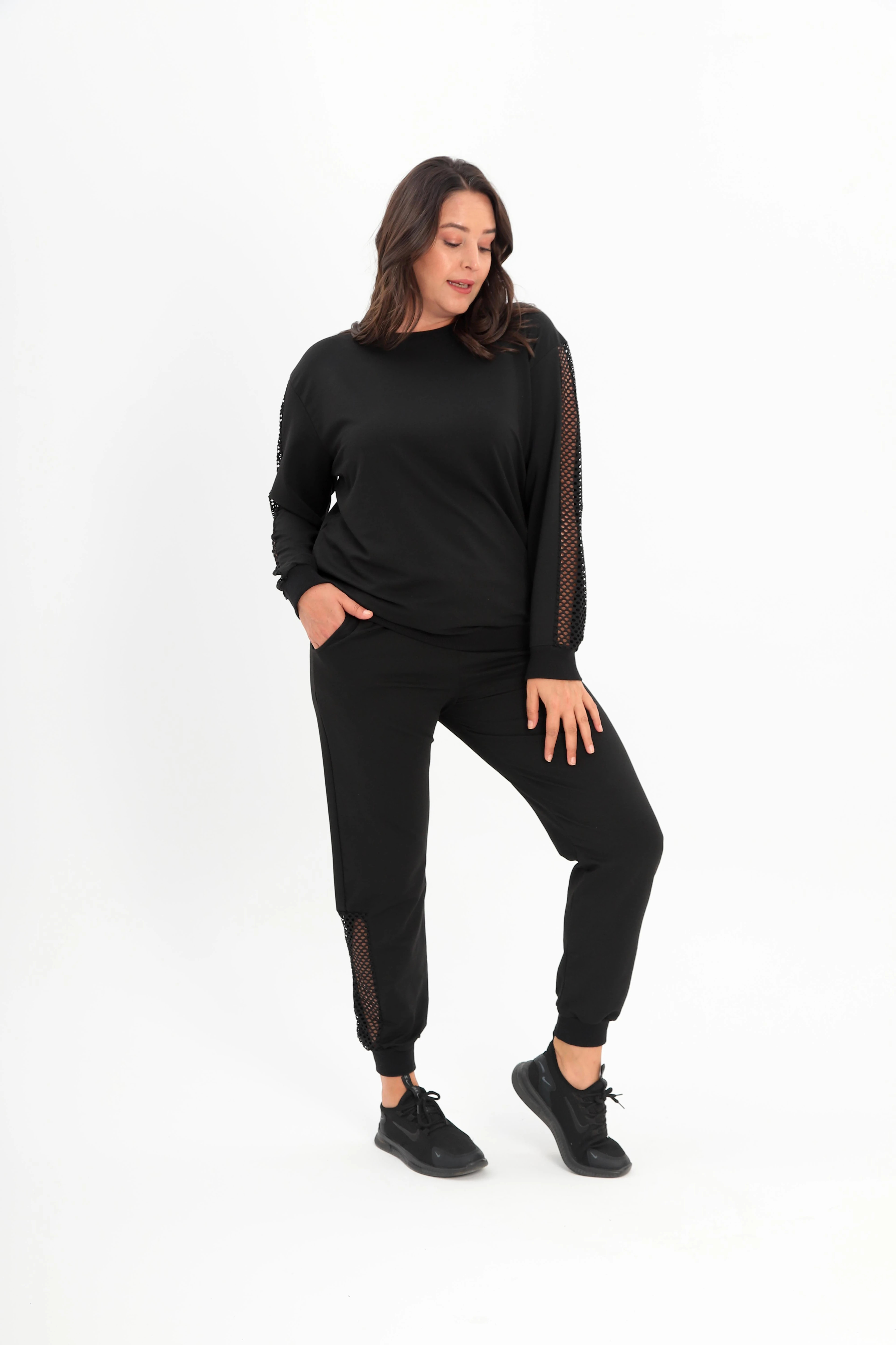 Kadın Büyük Beden Kolları Transparan Bisiklet Yaka Siyah Eşofman Takımı