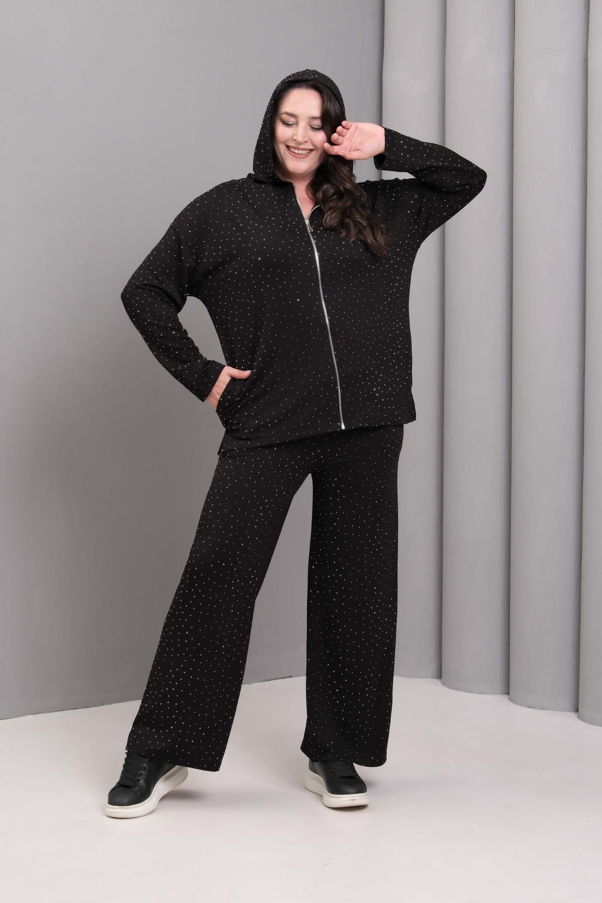 Kadın Büyük Beden Kapüşonlu Taş Baskılı Siyah Eşofman Takımı