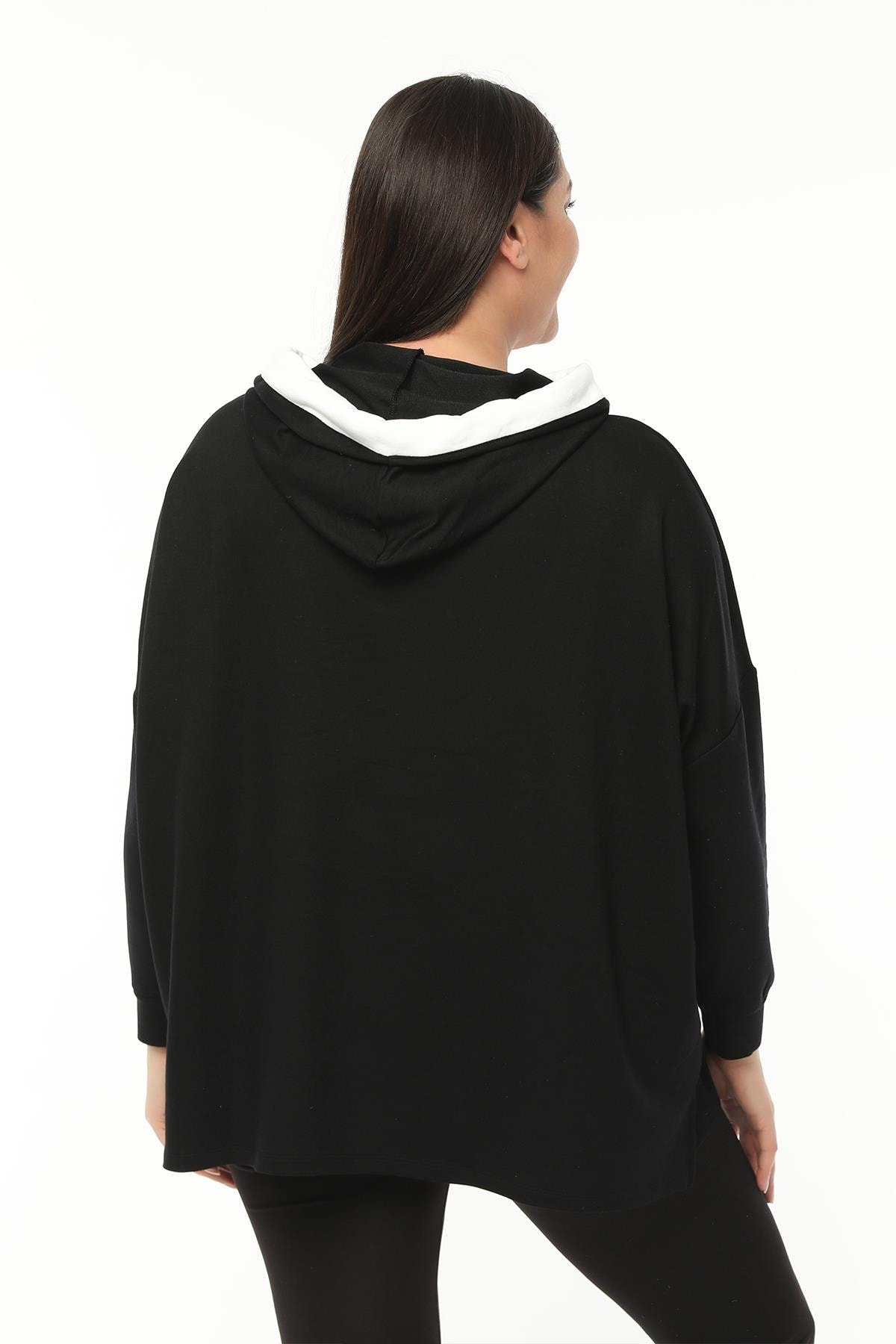 Kadın Büyük Beden Ekstra Rahat Kalıp Renkli Kanguru Cepli Sweatshirt - Siyah