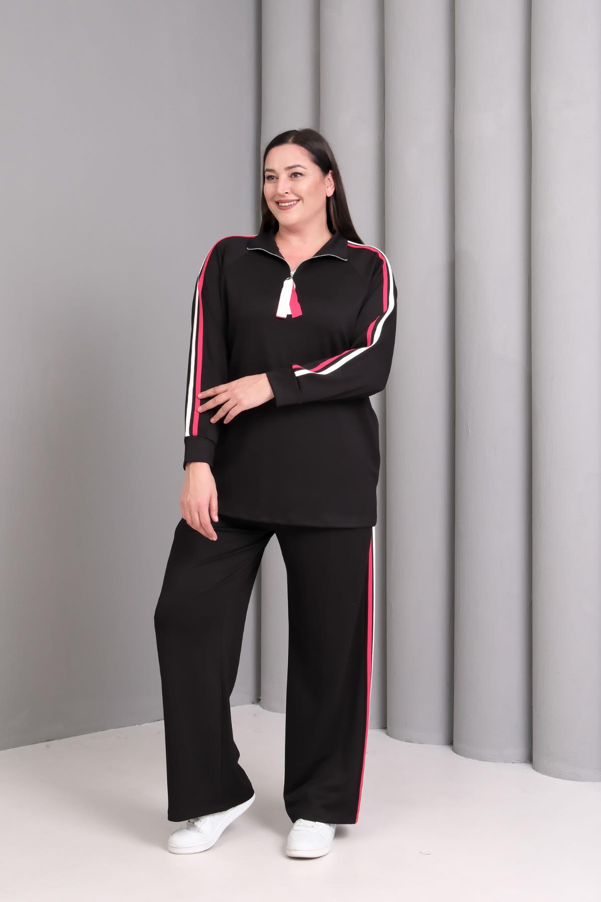 Kadın Büyük Beden Kırmızı Şerit Detay Sho Kumaş Siyah Eşofman Takımı - Siyah