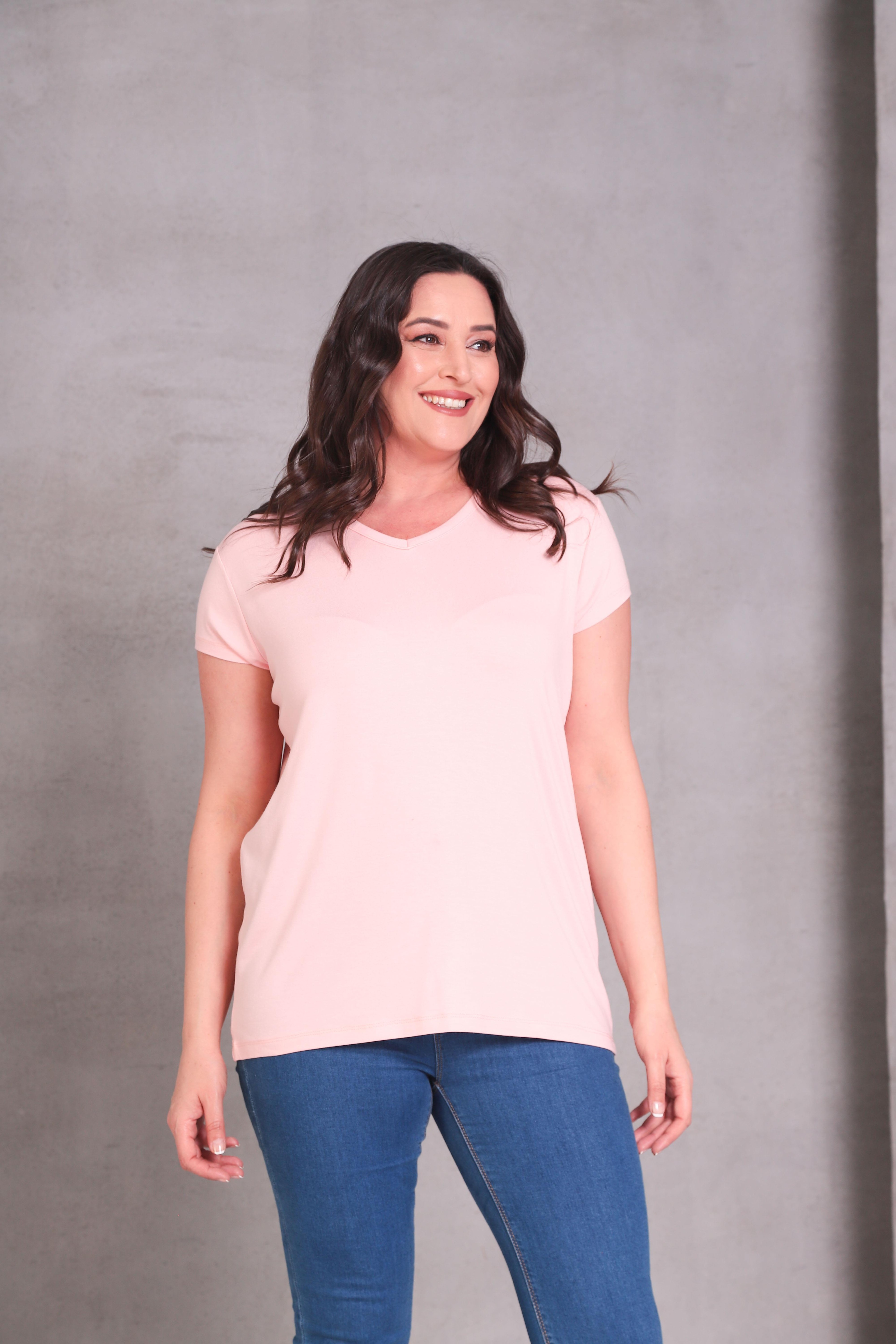 Kadın Büyük Beden V Yaka Basic Kısa Kollu T-Shirt - Pudra