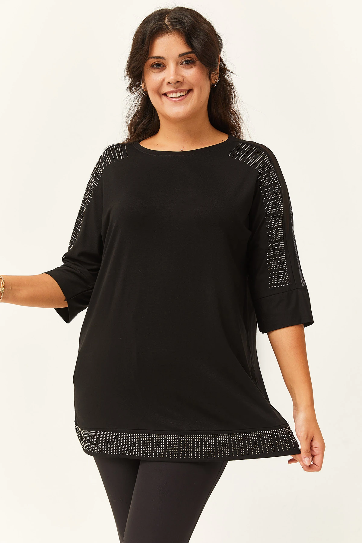 Kadın Büyük Beden Transparan Kol Taş Basklı Siyah Bluz - Siyah