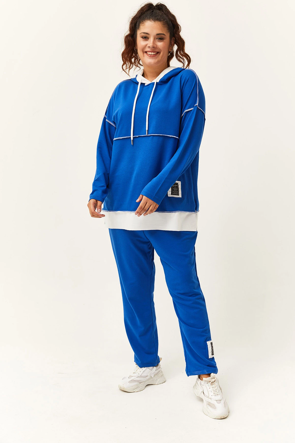 Kadın Büyük Beden Şerit Garni Detaylı Eşofman Takımı - Mavi