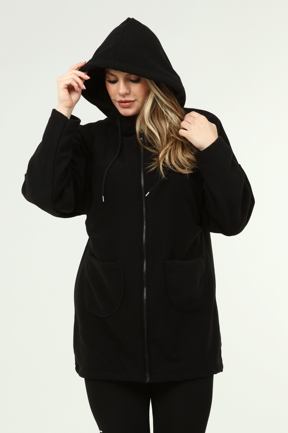 Kadın Büyük Beden Fermuarlı Basic Uzun Polar Sweatshirt
