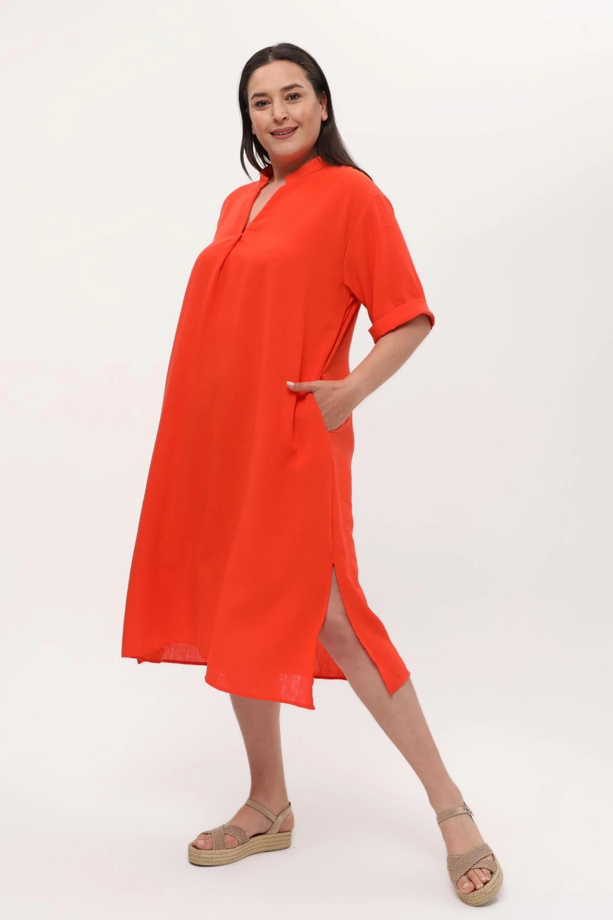 Kadın Büyük Beden Yırtmaçlı Keten Elbise