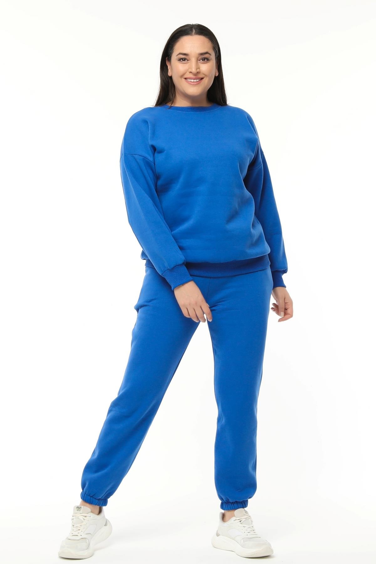 Kadın Büyük Beden Basıc Şardonlu Sweatshirt - Mavi