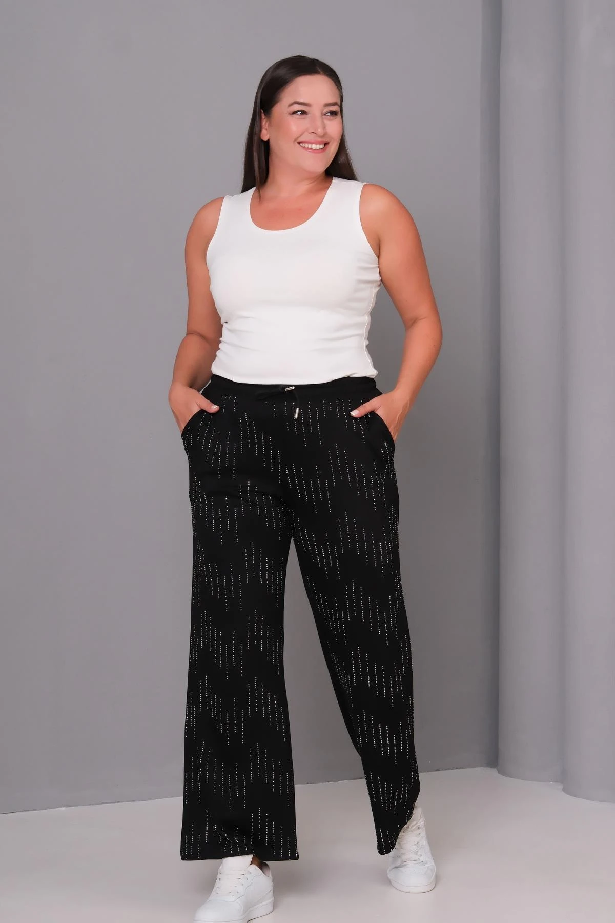 Kadın Büyük Beden Premium Taş Baskılı Siyah Alt Eşofman - Siyah