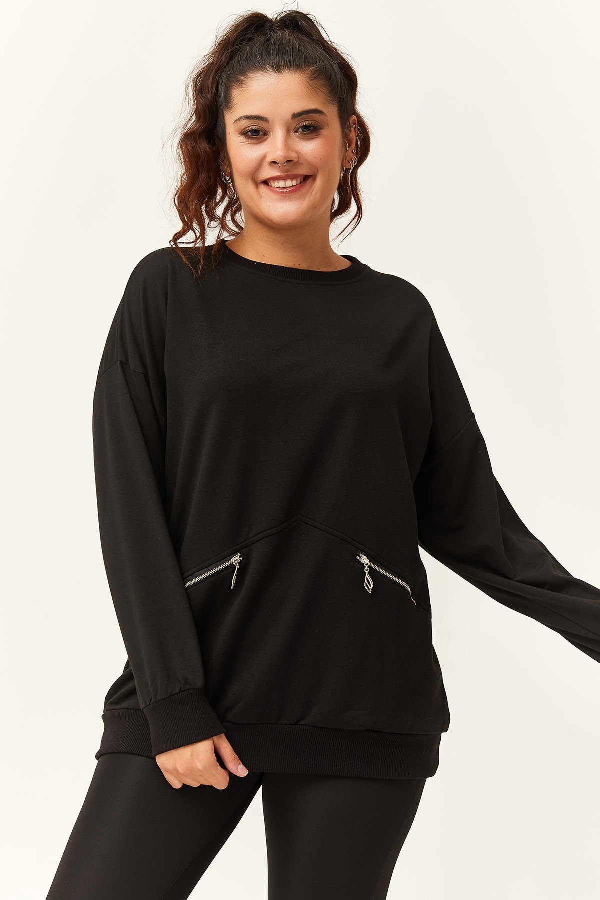 Kadın Büyük Beden Fermuarlı Cep Detaylı Basic Sweatshirt