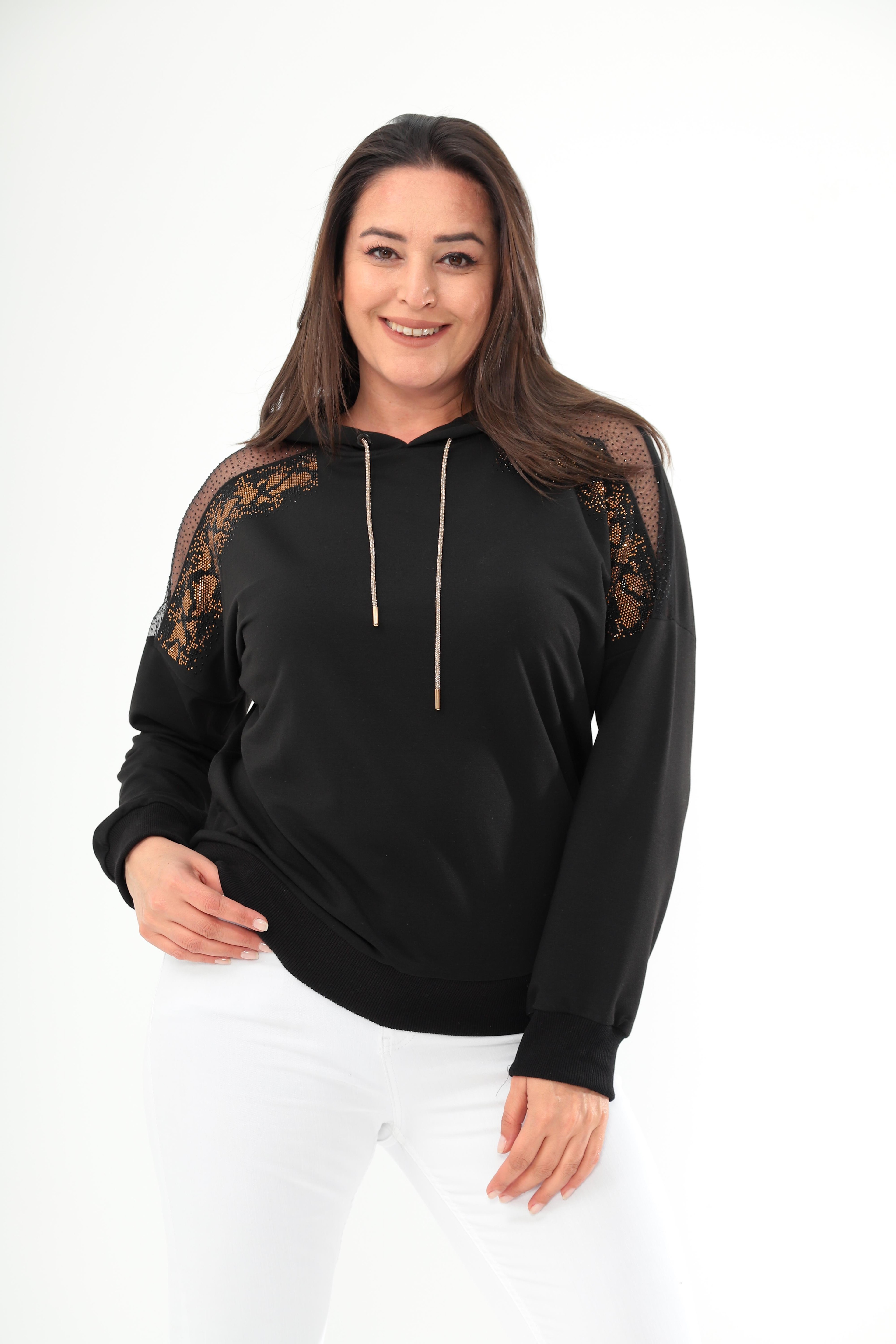 Kadın.Büyük Beden Siyah Kapüşonlu Taş ve Tül Detaylı Kadın Sweatshirt