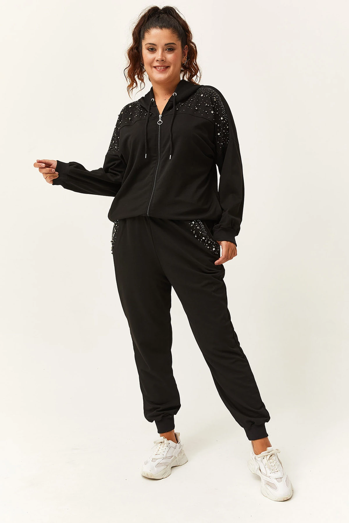 Kadın Büyük Beden Taş Ve Boncuk İşlemeli Eşofman Takımı - Siyah