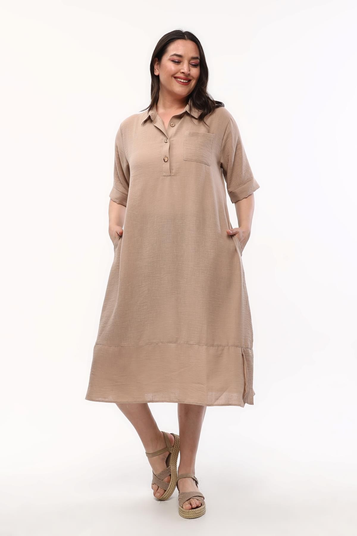 Kadın Büyük Beden Gömlek Yaka Keten Görünümlü Elbise - Vizon