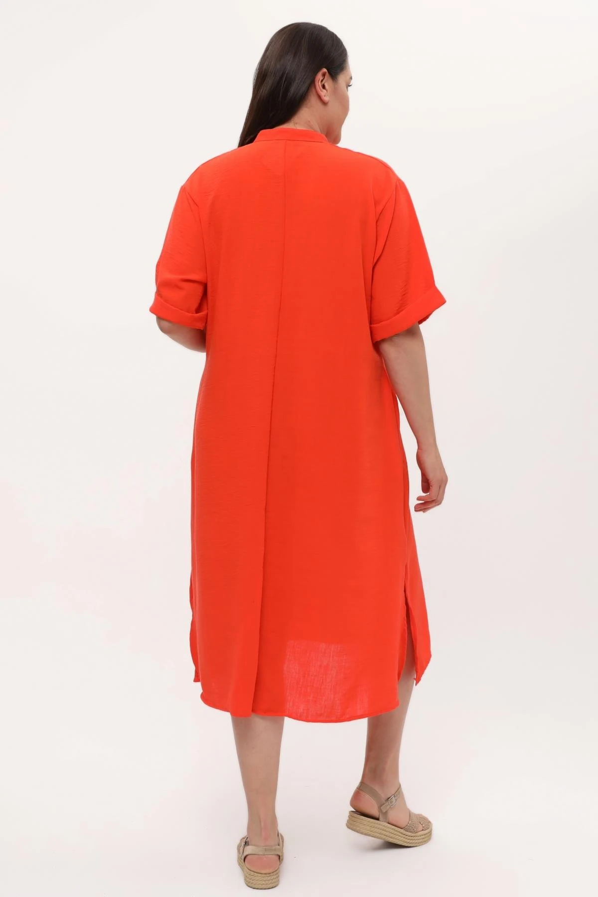 Kadın Büyük Beden Yırtmaçlı Keten Elbise